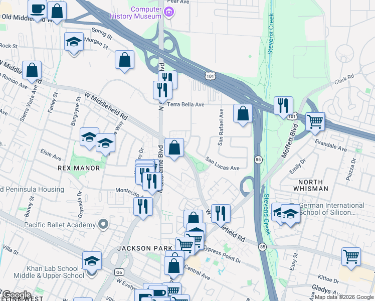 map of restaurants, bars, coffee shops, grocery stores, and more near 869 Linda Vista Avenue in Mountain View