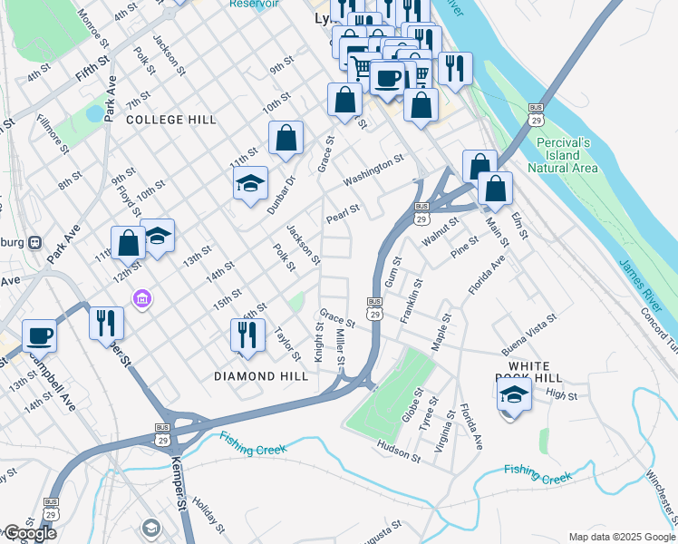 map of restaurants, bars, coffee shops, grocery stores, and more near 1815 Vine Street in Lynchburg