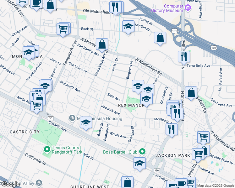 map of restaurants, bars, coffee shops, grocery stores, and more near 1779 Wagner Avenue in Mountain View