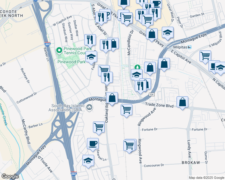 map of restaurants, bars, coffee shops, grocery stores, and more near 1745 Snell Place in Milpitas