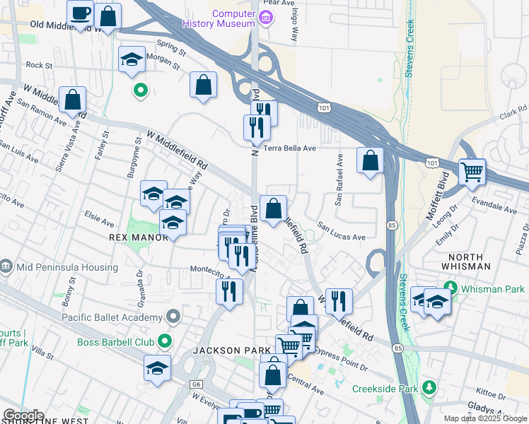 map of restaurants, bars, coffee shops, grocery stores, and more near 905 West Middlefield Road in Mountain View