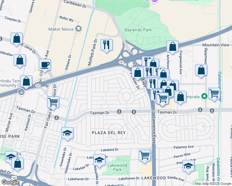 map of restaurants, bars, coffee shops, grocery stores, and more near 210 5th Street in Sunnyvale