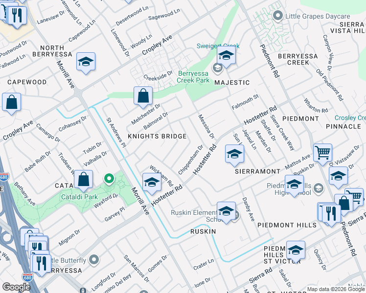 map of restaurants, bars, coffee shops, grocery stores, and more near 1744 Castlegate Drive in San Jose