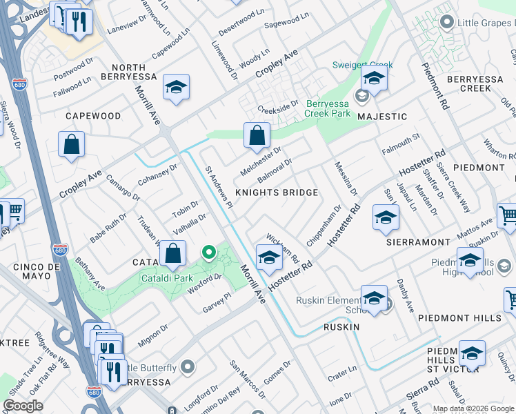 map of restaurants, bars, coffee shops, grocery stores, and more near 2990 Knights Bridge Road in San Jose