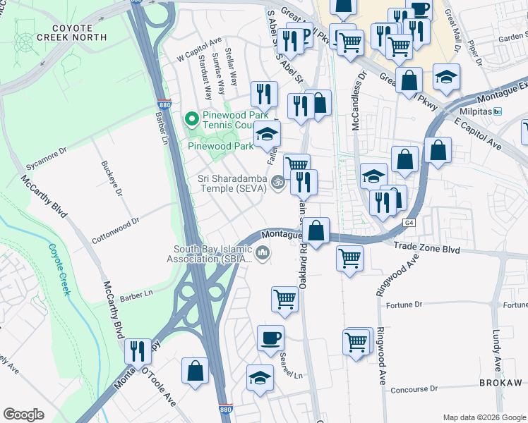 map of restaurants, bars, coffee shops, grocery stores, and more near 1740 Pinewood Court in Milpitas