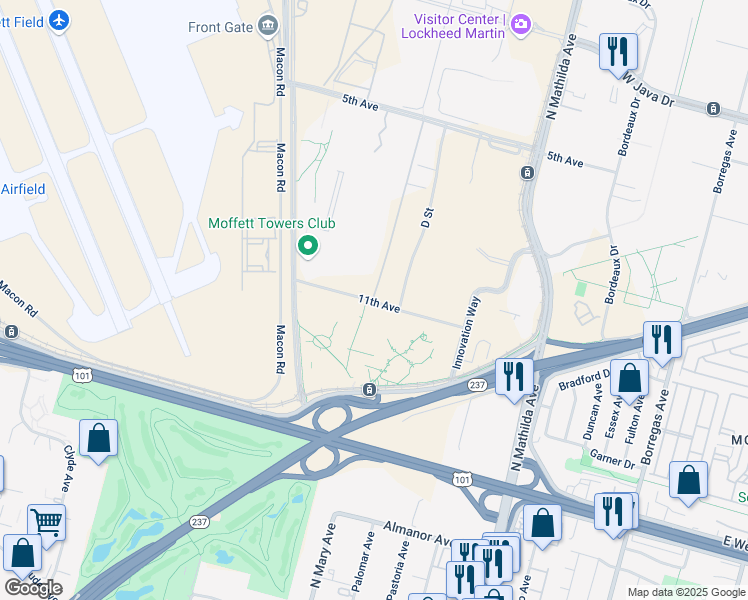 map of restaurants, bars, coffee shops, grocery stores, and more near 807 11th Ave in Sunnyvale