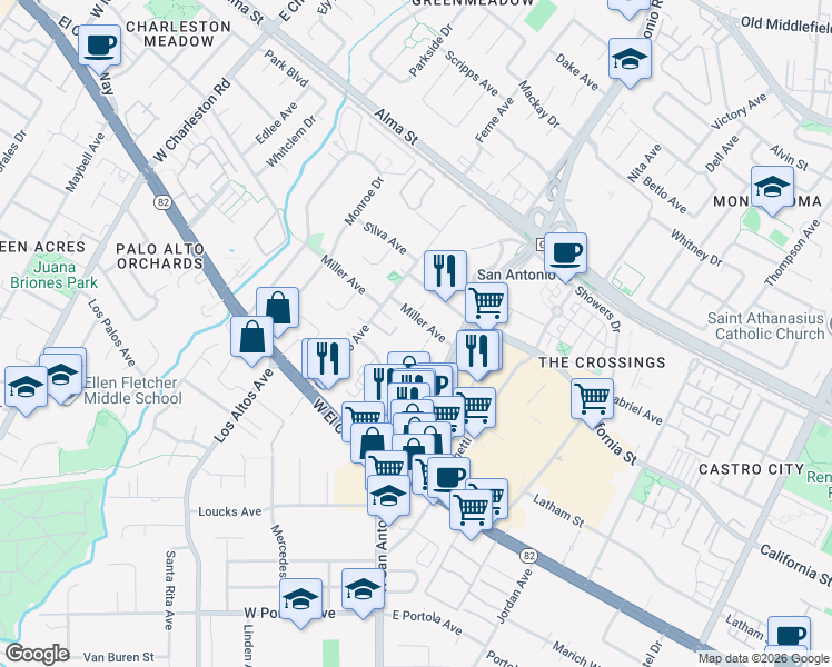 map of restaurants, bars, coffee shops, grocery stores, and more near 2655 Miller Avenue in Mountain View