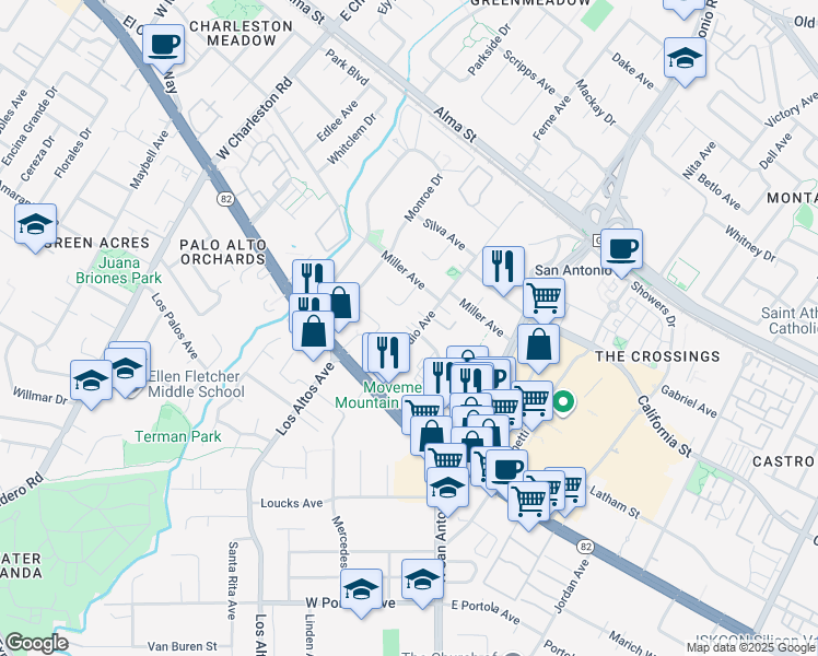 map of restaurants, bars, coffee shops, grocery stores, and more near 454 Del Medio Avenue in Mountain View