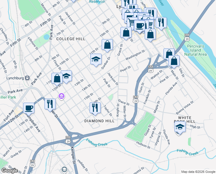 map of restaurants, bars, coffee shops, grocery stores, and more near 1516 Polk Street in Lynchburg