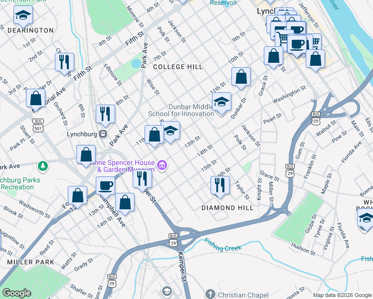 map of restaurants, bars, coffee shops, grocery stores, and more near 1222 Floyd Street in Lynchburg