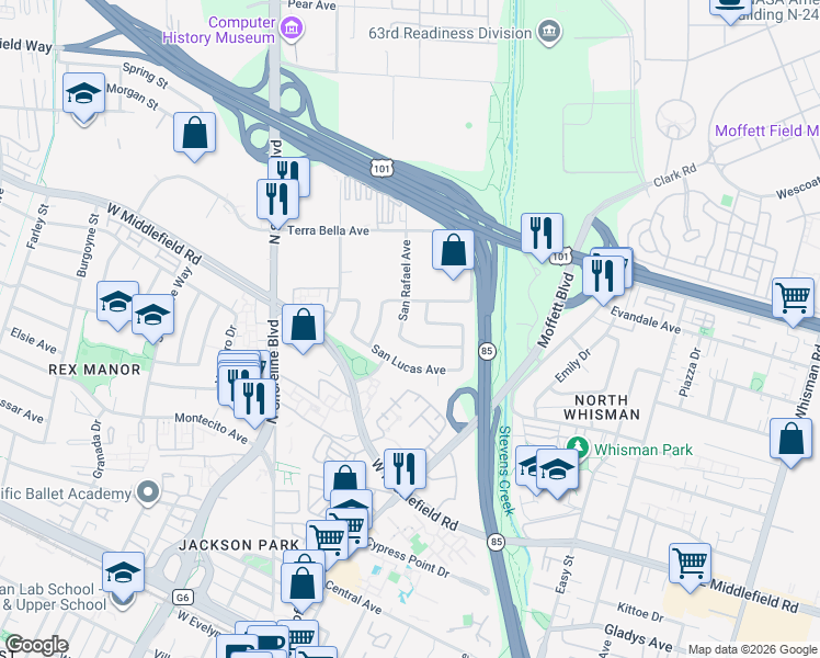 map of restaurants, bars, coffee shops, grocery stores, and more near 877 San Rafael Avenue in Mountain View