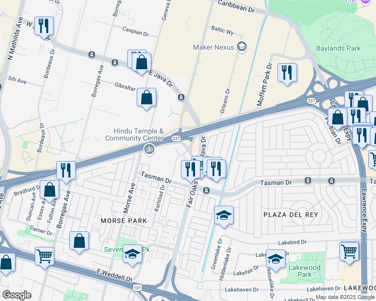 map of restaurants, bars, coffee shops, grocery stores, and more near 690 Persian Drive in Sunnyvale