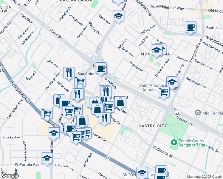 map of restaurants, bars, coffee shops, grocery stores, and more near 103 Whits Road in Mountain View