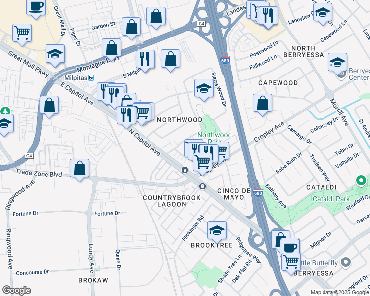 map of restaurants, bars, coffee shops, grocery stores, and more near 2640 Autumnvale Drive in San Jose