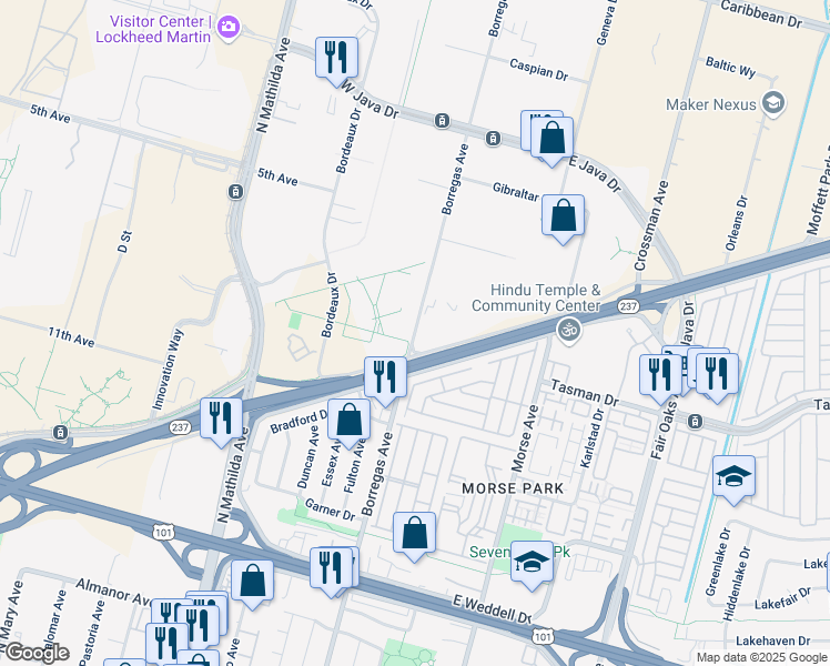 map of restaurants, bars, coffee shops, grocery stores, and more near 1170 Borregas Avenue in Sunnyvale