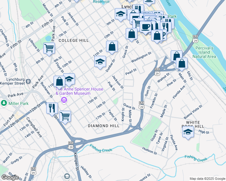 map of restaurants, bars, coffee shops, grocery stores, and more near 1513 Polk Street in Lynchburg