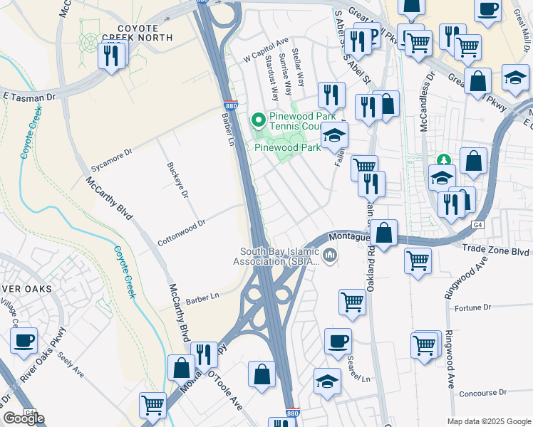 map of restaurants, bars, coffee shops, grocery stores, and more near 374 Manzanita Court in Milpitas