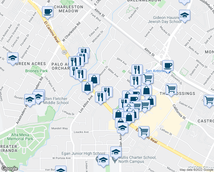 map of restaurants, bars, coffee shops, grocery stores, and more near 4345 Cesano Court in Palo Alto