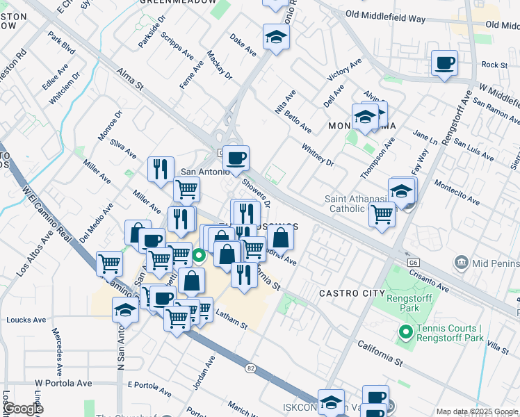 map of restaurants, bars, coffee shops, grocery stores, and more near 103 Whits Road in Mountain View