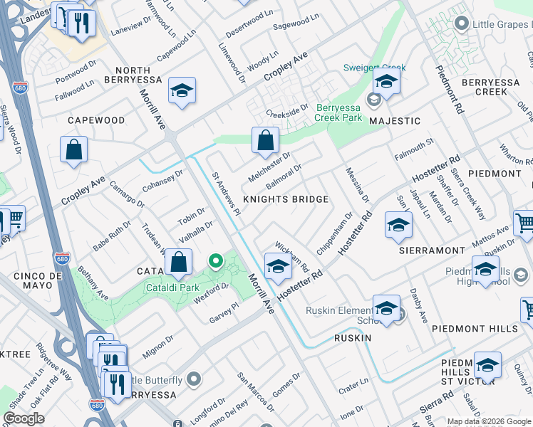 map of restaurants, bars, coffee shops, grocery stores, and more near 2990 Knights Bridge Road in San Jose