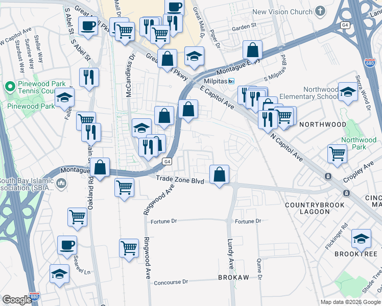map of restaurants, bars, coffee shops, grocery stores, and more near 318 Expedition Lane in Milpitas