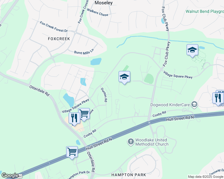 map of restaurants, bars, coffee shops, grocery stores, and more near 6853 Leire Lane in Chesterfield