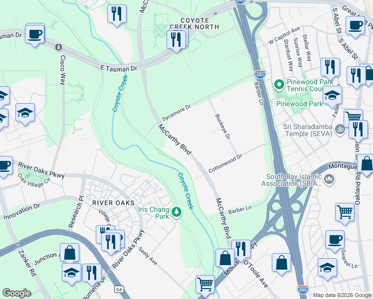 map of restaurants, bars, coffee shops, grocery stores, and more near 1601 McCarthy Blvd in Milpitas