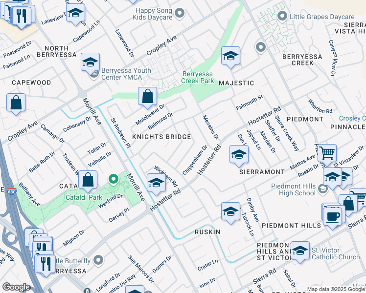 map of restaurants, bars, coffee shops, grocery stores, and more near 1744 Castlegate Drive in San Jose