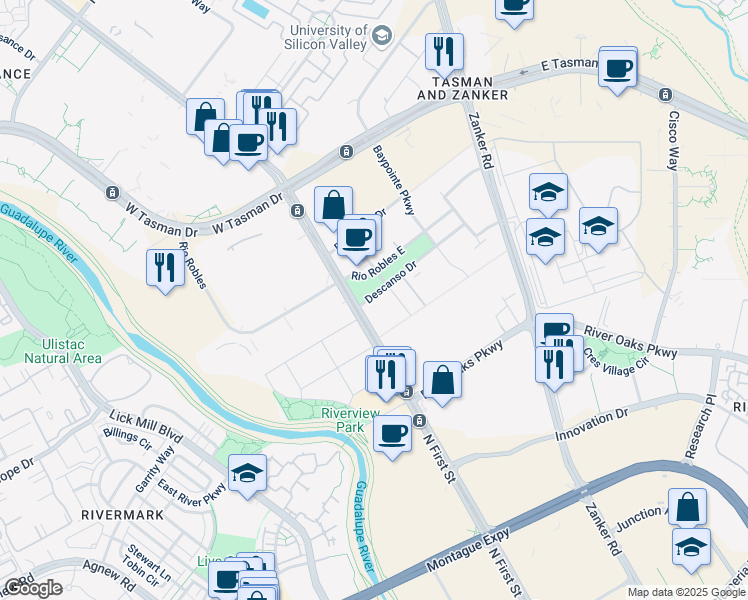 map of restaurants, bars, coffee shops, grocery stores, and more near 8 Descanso Drive in San Jose