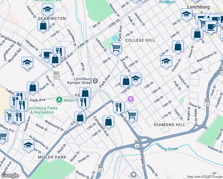 map of restaurants, bars, coffee shops, grocery stores, and more near 1023 Buchanan Street in Lynchburg