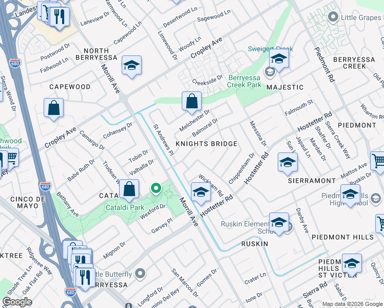 map of restaurants, bars, coffee shops, grocery stores, and more near 2990 Knights Bridge Road in San Jose
