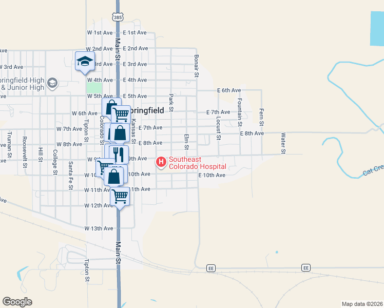 map of restaurants, bars, coffee shops, grocery stores, and more near 525 East 9th Avenue in Springfield