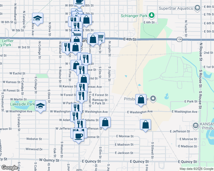 map of restaurants, bars, coffee shops, grocery stores, and more near 303 East Kansas Street in Pittsburg