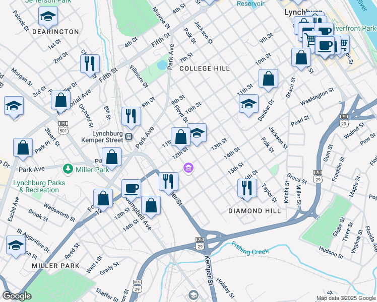 map of restaurants, bars, coffee shops, grocery stores, and more near 1205 Fillmore Street in Lynchburg