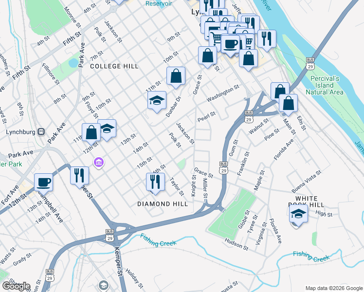 map of restaurants, bars, coffee shops, grocery stores, and more near 1516 Polk Street in Lynchburg