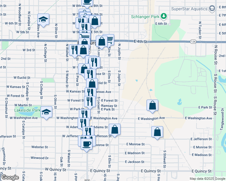 map of restaurants, bars, coffee shops, grocery stores, and more near 303 East Kansas Street in Pittsburg