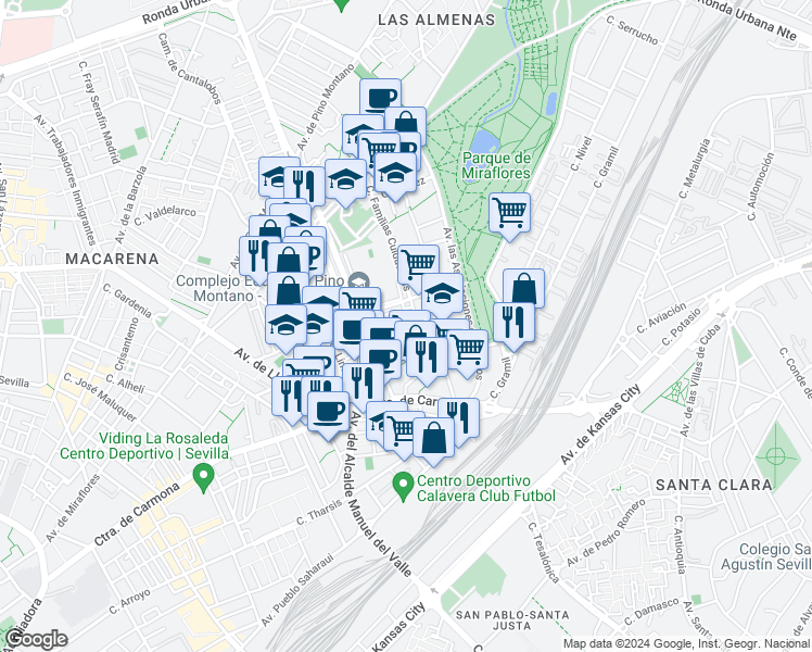 map of restaurants, bars, coffee shops, grocery stores, and more near 19 Calle las Naciones in Sevilla