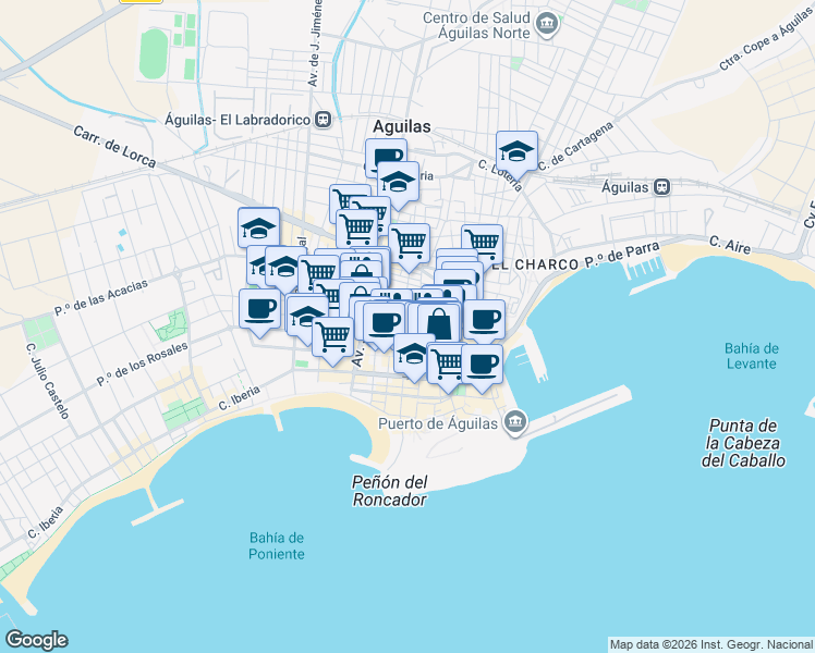 map of restaurants, bars, coffee shops, grocery stores, and more near 8 Calle Venus in Águilas