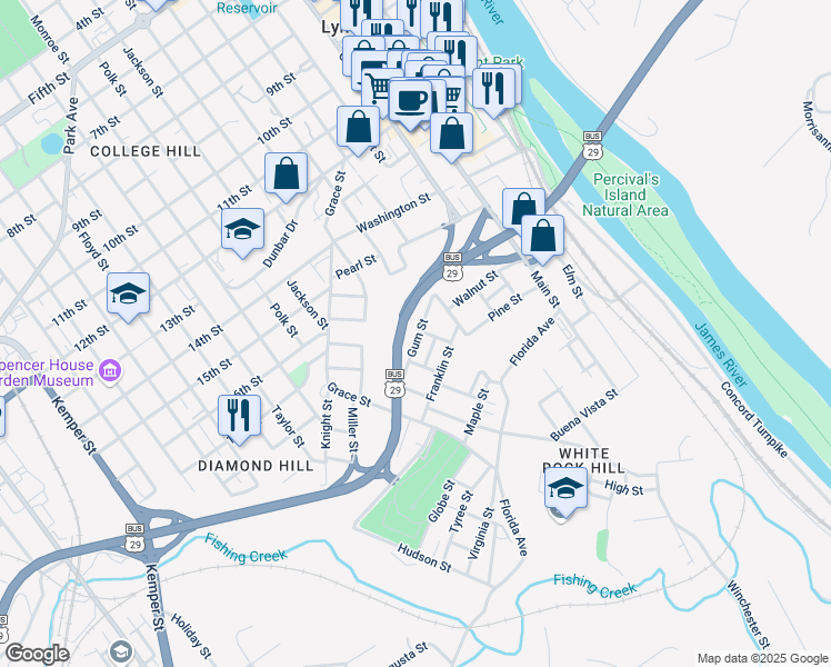 map of restaurants, bars, coffee shops, grocery stores, and more near 613 Gum Street in Lynchburg