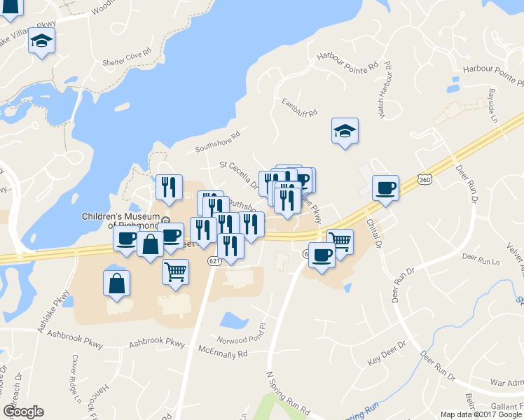 map of restaurants, bars, coffee shops, grocery stores, and more near 6707 Southshore Drive in Midlothian
