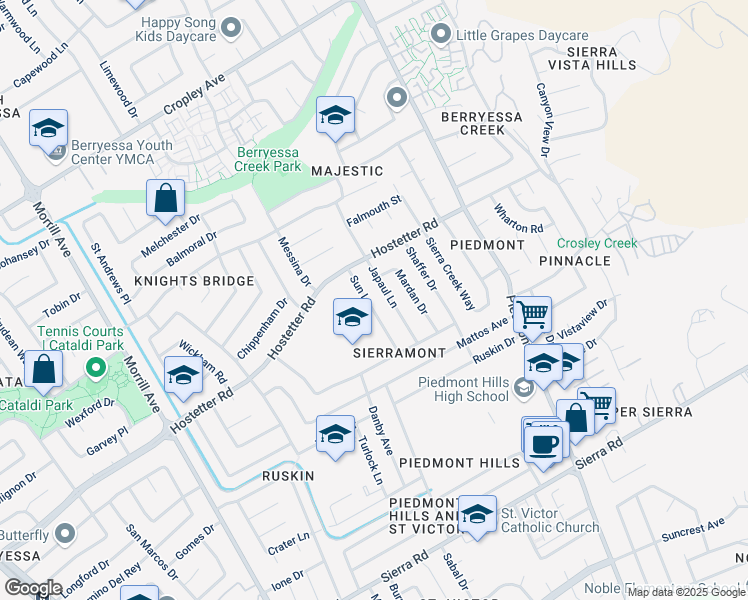 map of restaurants, bars, coffee shops, grocery stores, and more near 1552 Sun Ln in San Jose