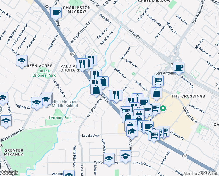 map of restaurants, bars, coffee shops, grocery stores, and more near 440 Cesano Court in Palo Alto