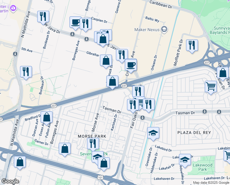 map of restaurants, bars, coffee shops, grocery stores, and more near 460 Persian Drive in Sunnyvale