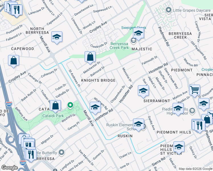 map of restaurants, bars, coffee shops, grocery stores, and more near 1744 Castlegate Drive in San Jose