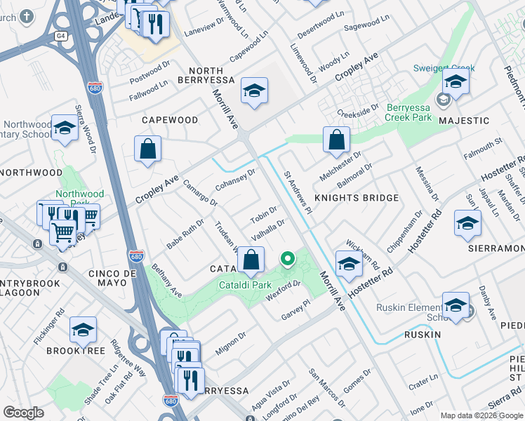 map of restaurants, bars, coffee shops, grocery stores, and more near 2961 Tobin Drive in San Jose