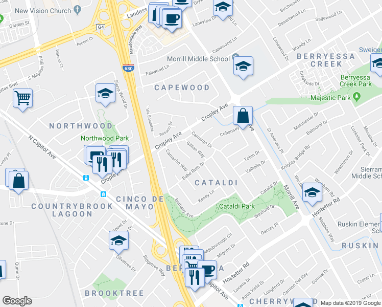 map of restaurants, bars, coffee shops, grocery stores, and more near 1861 Gillian Way in San Jose