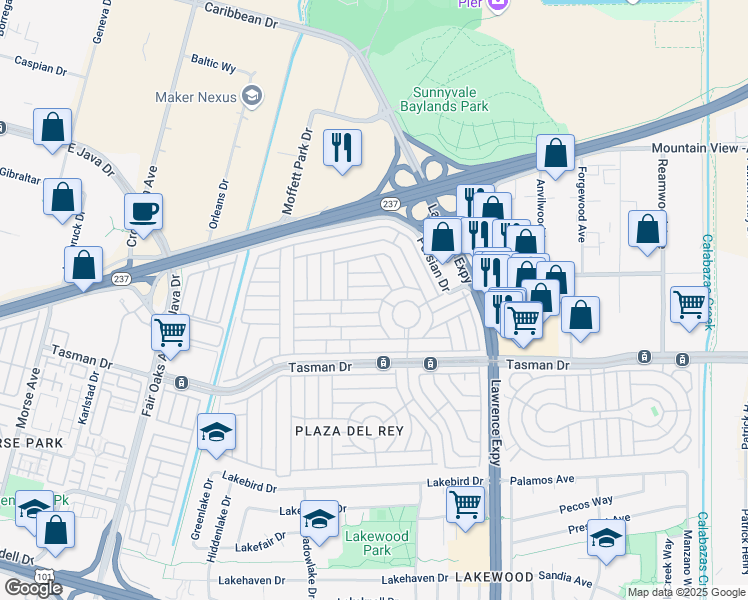 map of restaurants, bars, coffee shops, grocery stores, and more near 210 5th Street in Sunnyvale