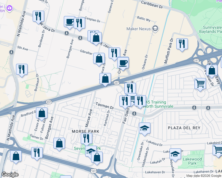 map of restaurants, bars, coffee shops, grocery stores, and more near 460 Persian Drive in Sunnyvale