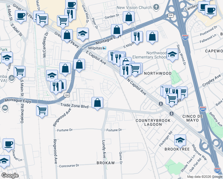 map of restaurants, bars, coffee shops, grocery stores, and more near 2032 Terracotta Court in Milpitas