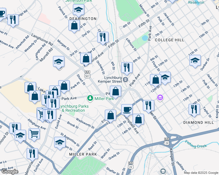 map of restaurants, bars, coffee shops, grocery stores, and more near 800 Orchard Street in Lynchburg